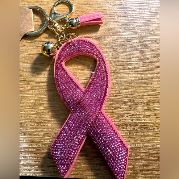 PINK Rhinestone Breast Cancer Awareness Shiney Gold tassel NEW Keychain - Picture 4 of 6
